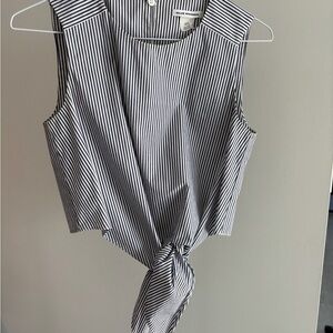Club Monaco Black & White Striped Tie-Front Sleeveless Top